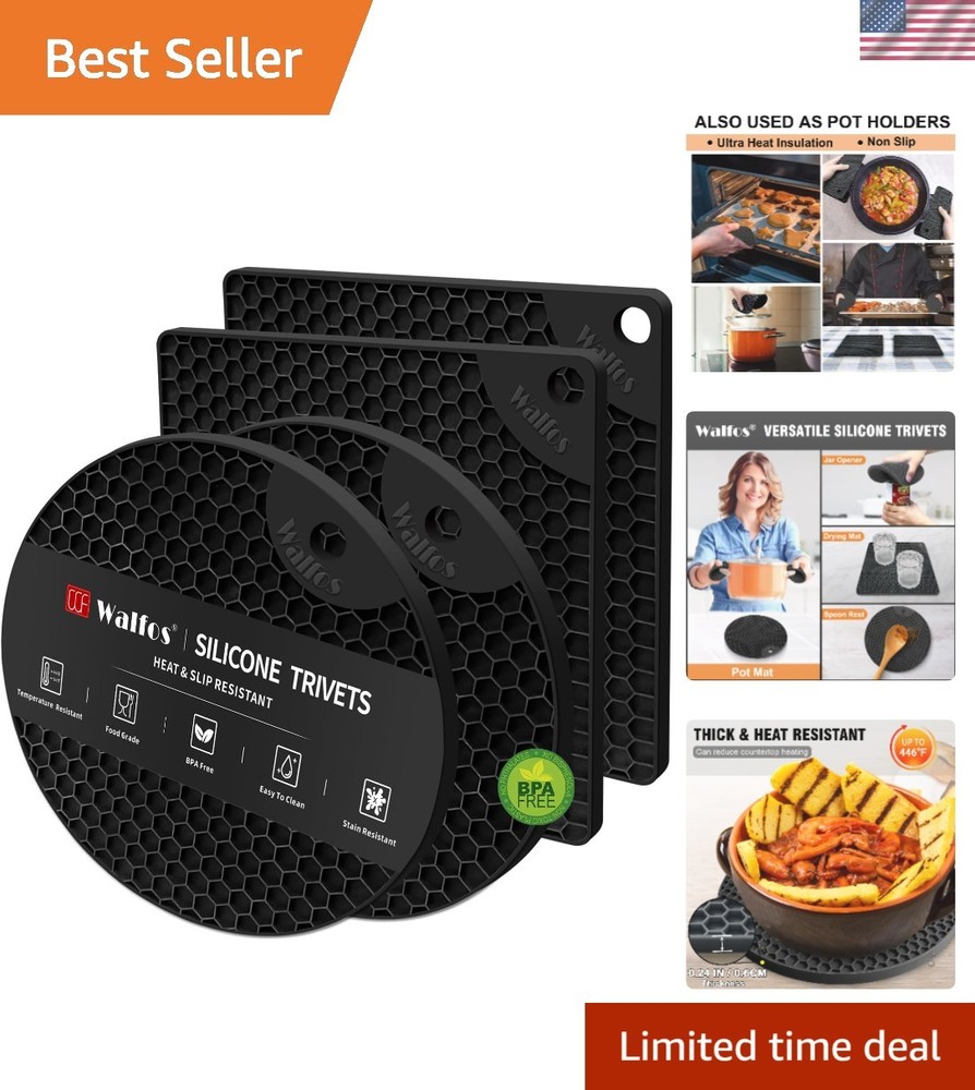 4-Pack Black Silicone Trivet Mats – Non-Slip Heat-Resistant Kitchen Hot Pads