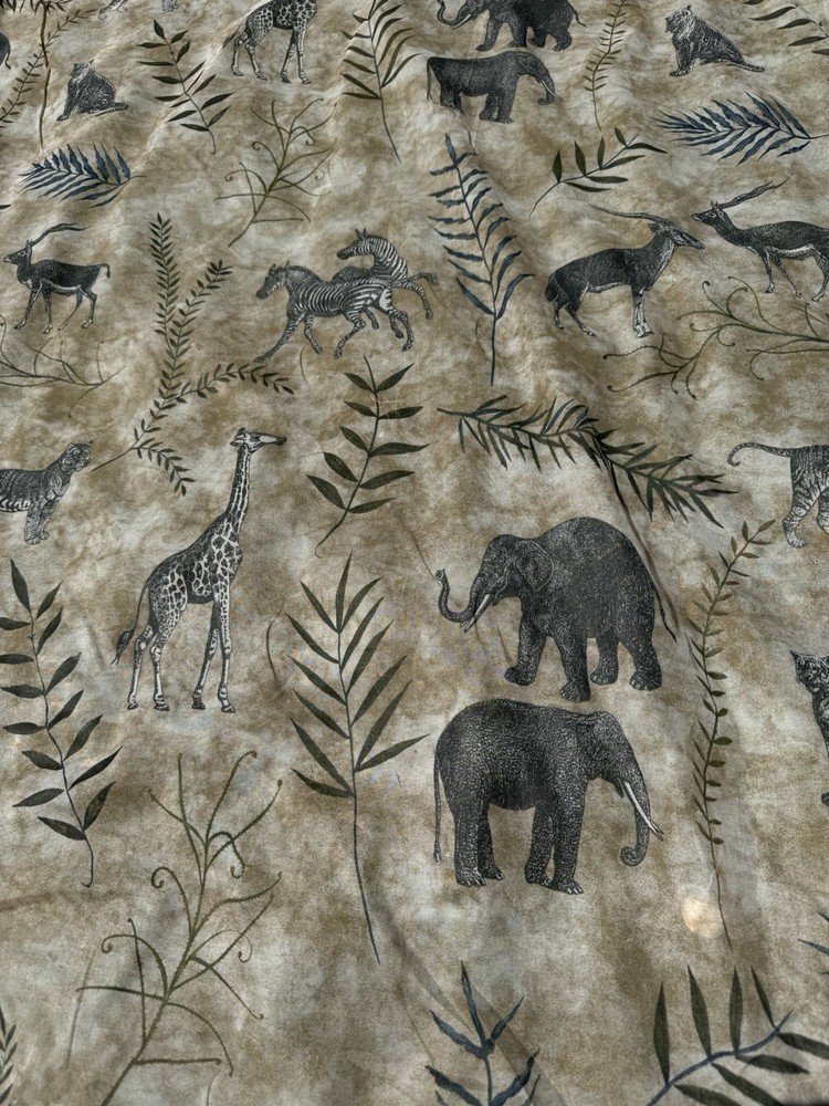 Printed Voile Fabric with Elephants & Giraffes in Gray Green - Sold by the Yard