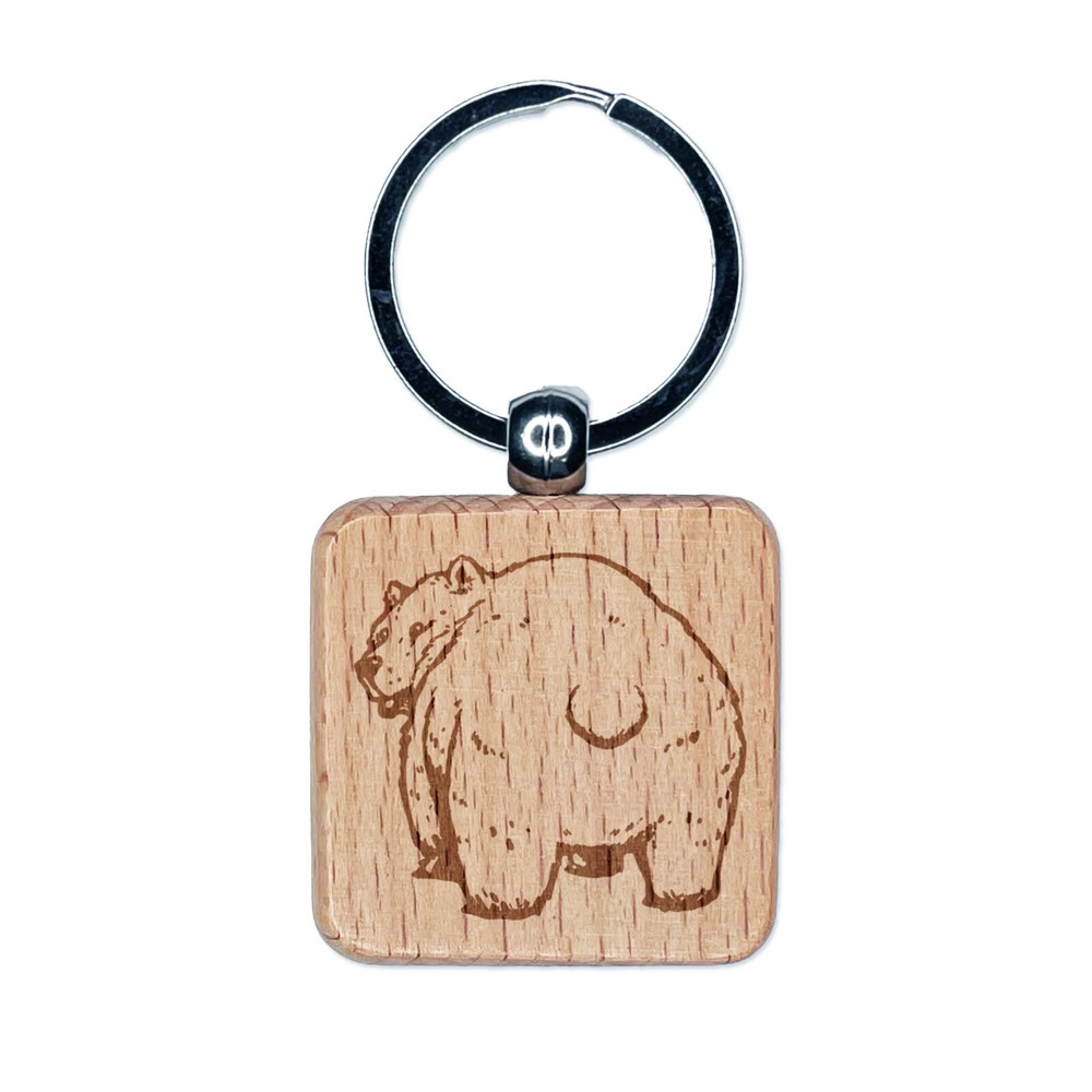 Standing Bear Looking Behind Engraved Wood Square Keychain Tag Charm