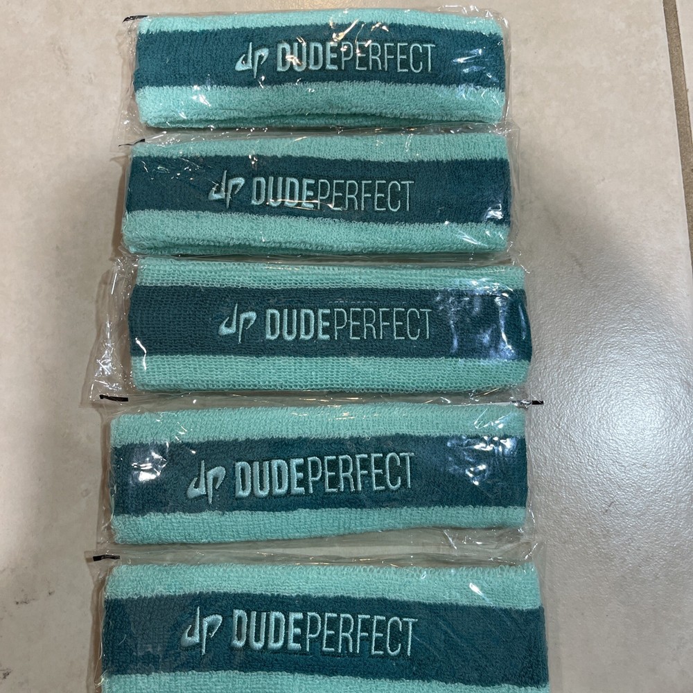 Qty 5 New DUDE PERFECT Terry Cloth Headbands Lt Blue/Turquoise LOT
