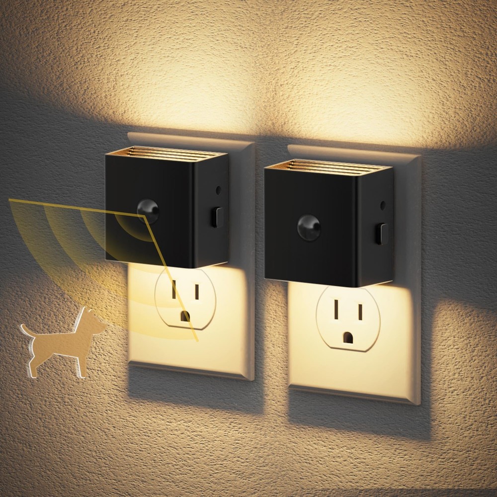 JandCase Motion Sensor Night Light, Lights Plug 2 Pack, Black-Square