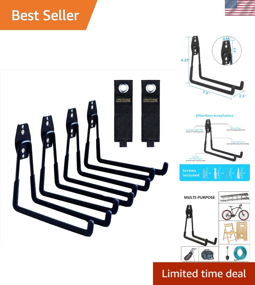 Heavy-Duty 4-Pack Garage Hooks with 7.5 Inch Wall Mount and Cord Holder