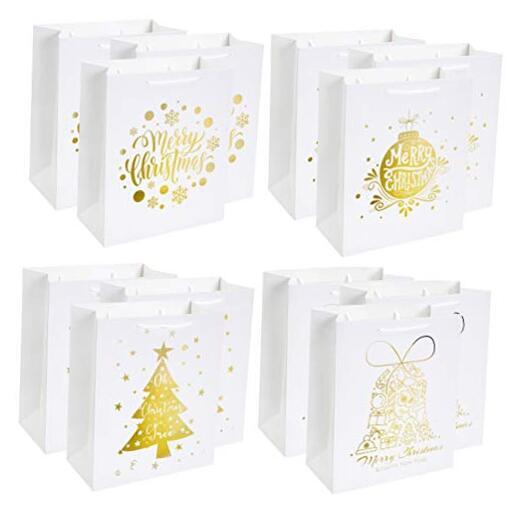 12Pcs Large White & Metallic Gold Foil Gift Bags, 4 4 Metallic Designs