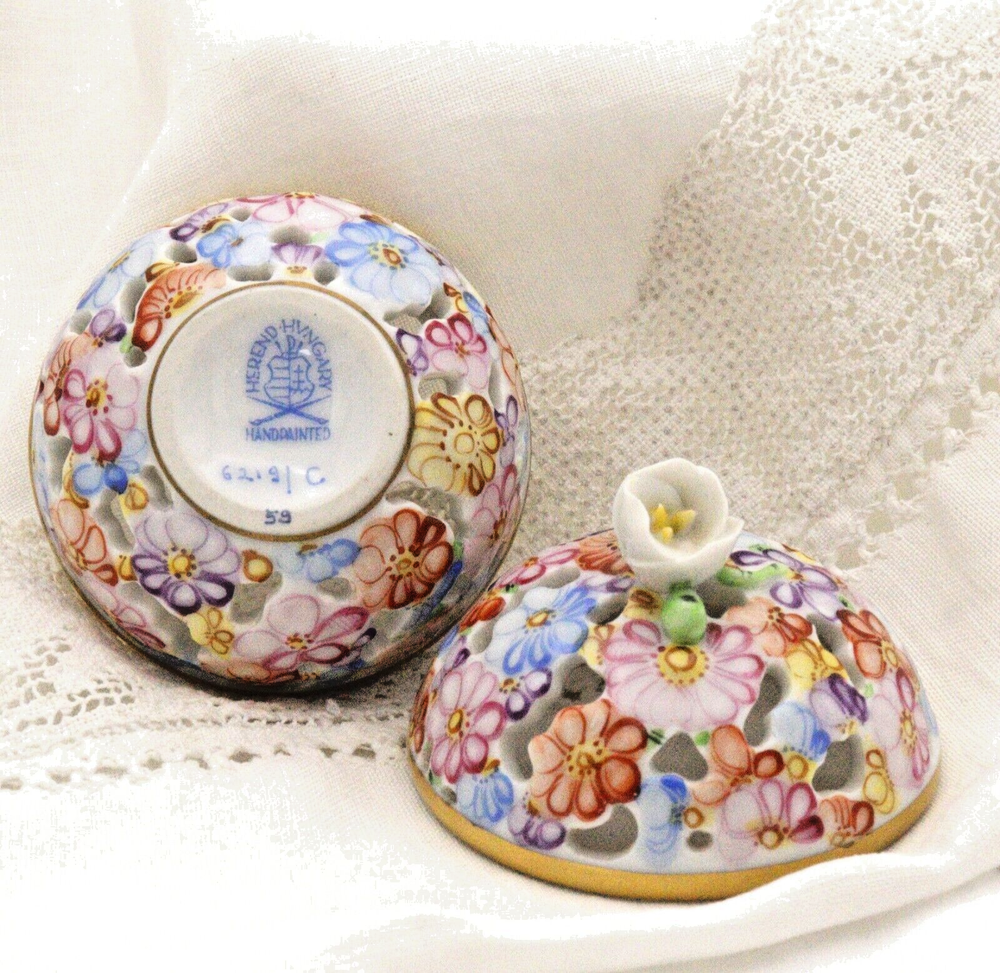 Herend hand-painted numbered floral round trinket box with lily finial