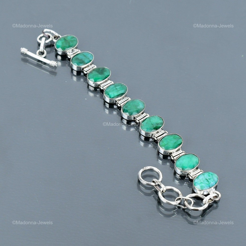Mothers Day Gift Natural Zambian Emerald Sterling Silver Chain Bracelet-image