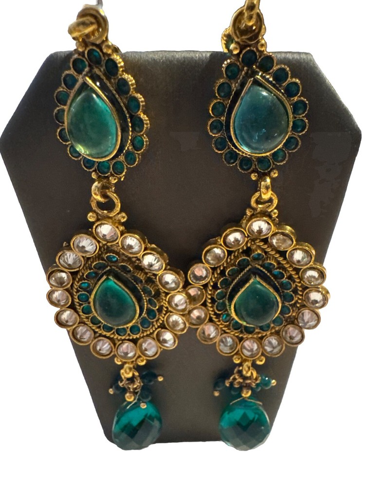 Vintage Gold Kundan Effect Green Chain Earrings for Occasion Wear