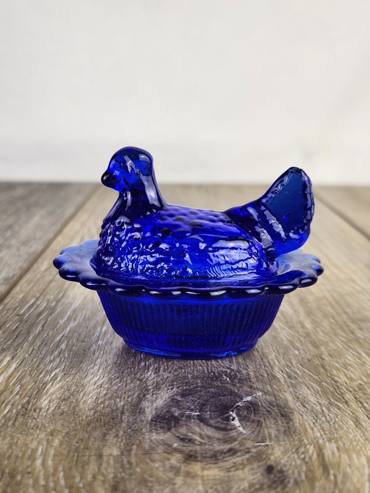 Cobalt Glass Mini Hen on Nest - Ruffled Edge Salt Cellar / Trinket Box