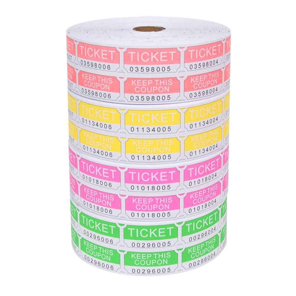 8000 Assorted Double Raffle Tickets 2000 per Roll 50/50 Neon Pink Green Red Y...