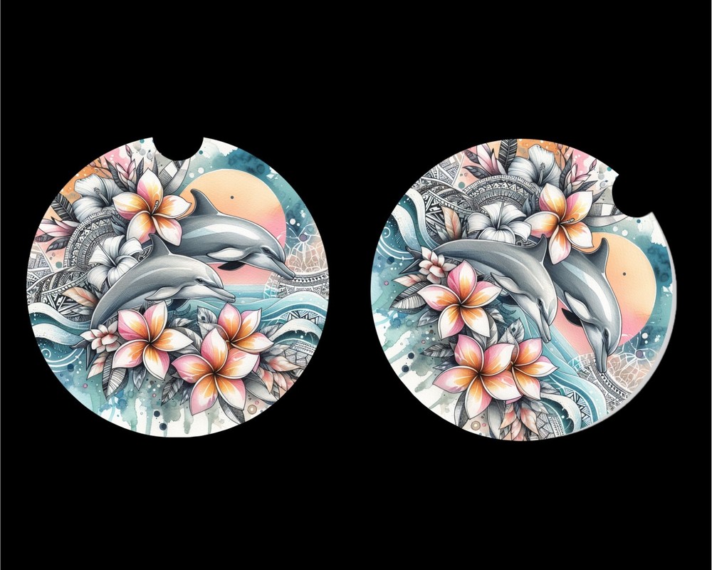 TROPICAL DOLPHIN OCEAN Car Coasters 2 Pack Absorbent 2.75 Inch GREAT GIFT IDEA