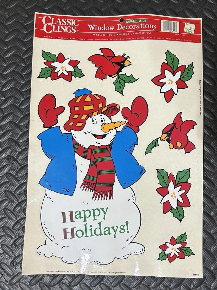 Vintage Christmas Window Cling Decorations Snowman Cardinal Holidays 90s NEW