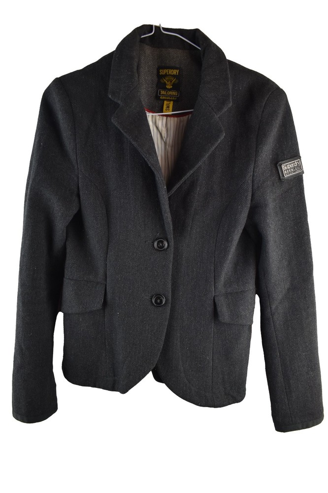 SUPERDRY Grey Blazer Jacket size S Womens button Up Wool Casual Outdoors