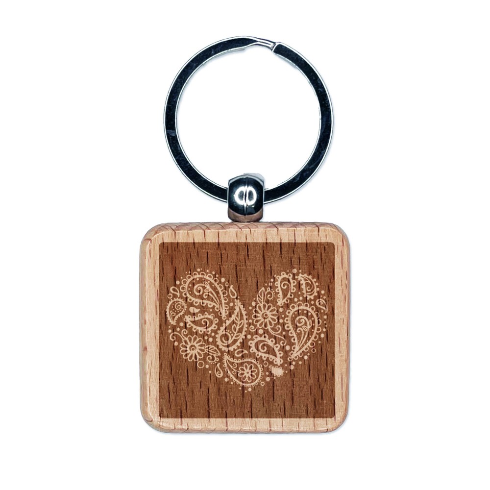 Paisley Heart Engraved Wooden Keychain Charm with Square Design  