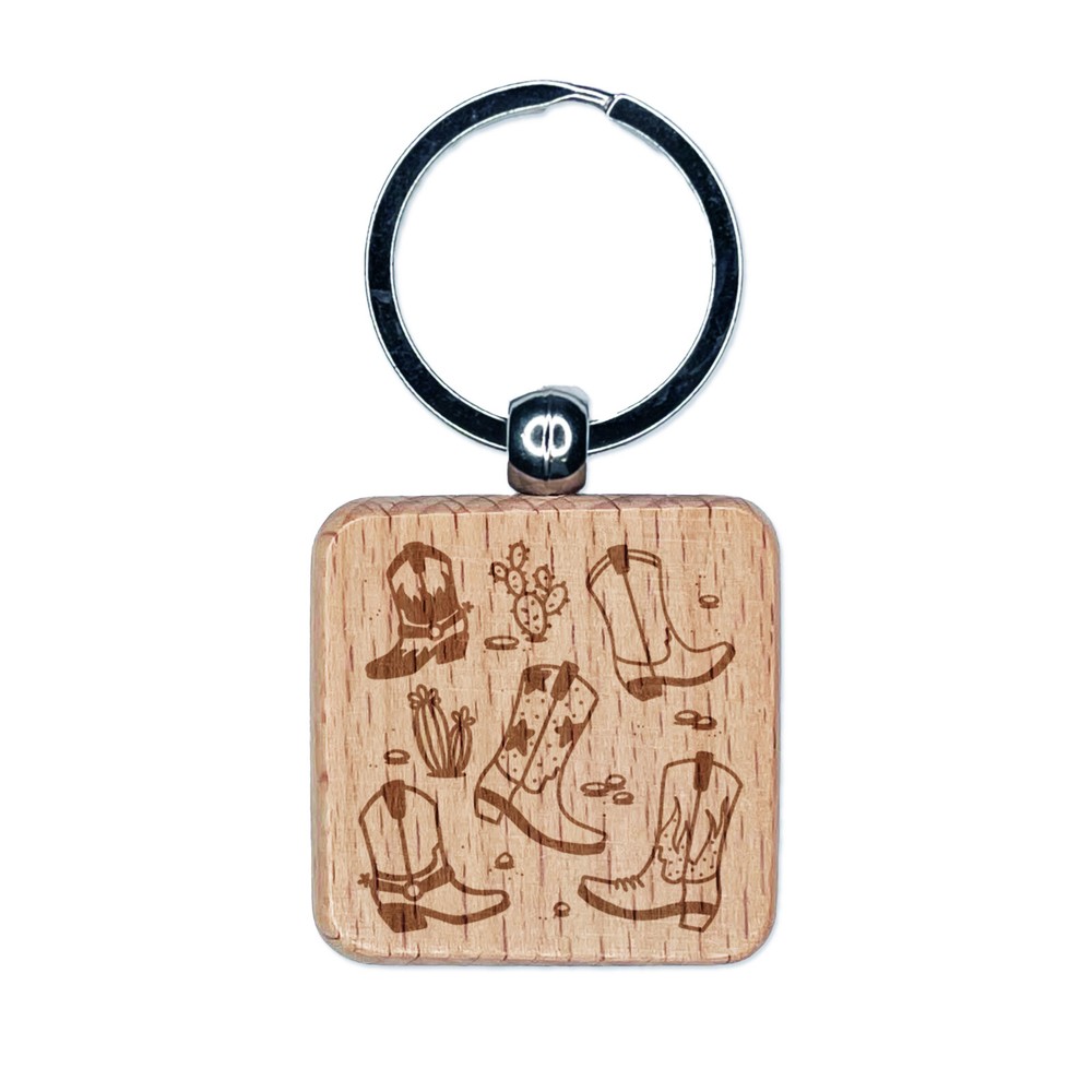 Western Cowboy Boots Engraved Wooden Keychain Charm with Square Tag  
