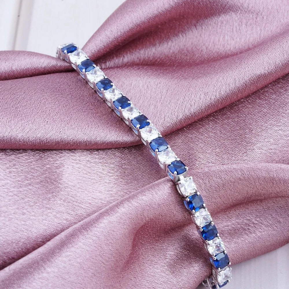 12Ct Cushion Cut Diamond And Blue Sapphire Tennis Bracelet 14K White Gold Finish