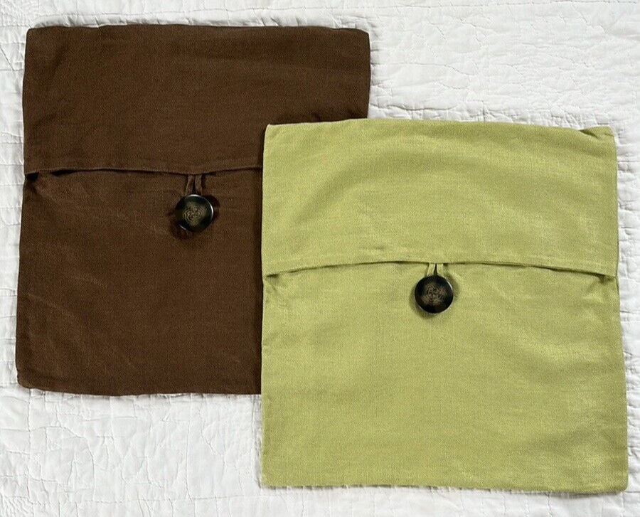 x2 POTTERY BARN Textured Linen Big Button Envelope Pillow Covers Green Brown 18”
