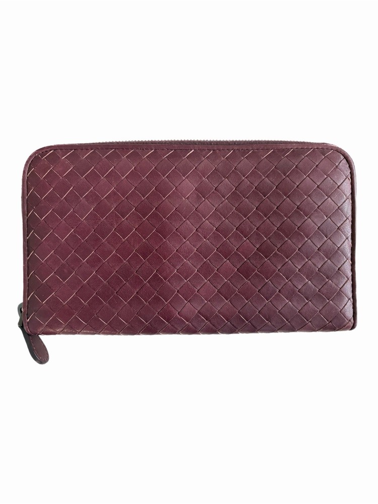 Authentic Bottega Veneta Intrecciato Burgundy Zip-Around Wallet Pink Interior