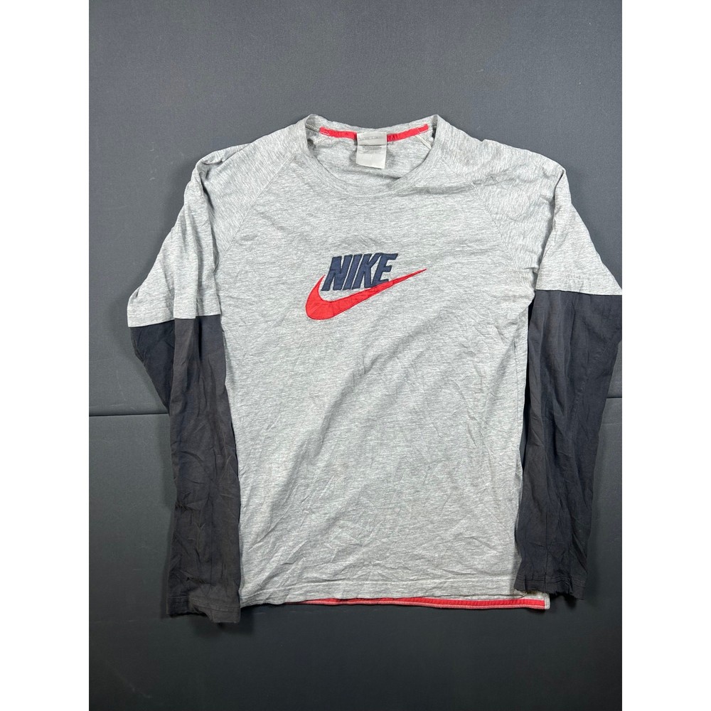 Vintage Nike Gray Long Sleeve Thermal Shirt Red Swoosh Embroidered Logo