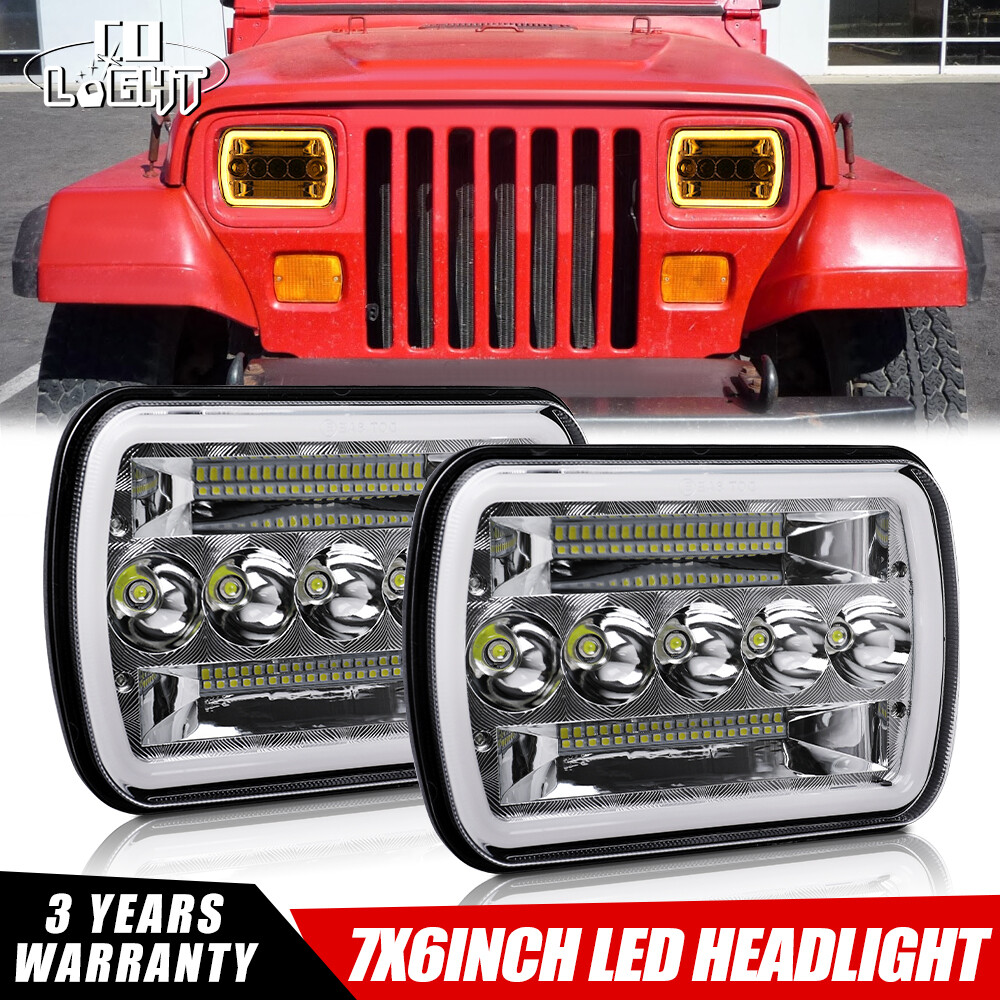 7x6 5x7 LED Headlights with Halo Turn Signal for Jeep Wrangler YJ 1987-1995