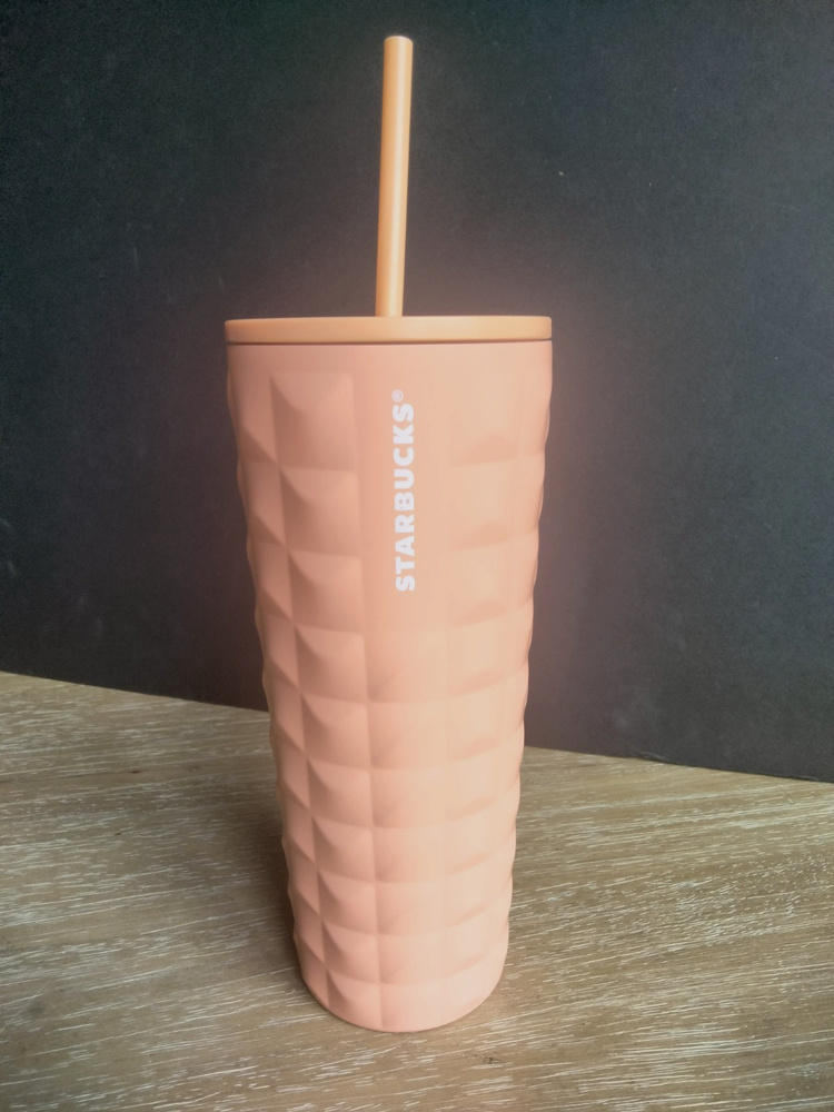 New Starbucks 24 Ounce Venti Tumbler Cup Peach Color Diamond Stud Soft Touch