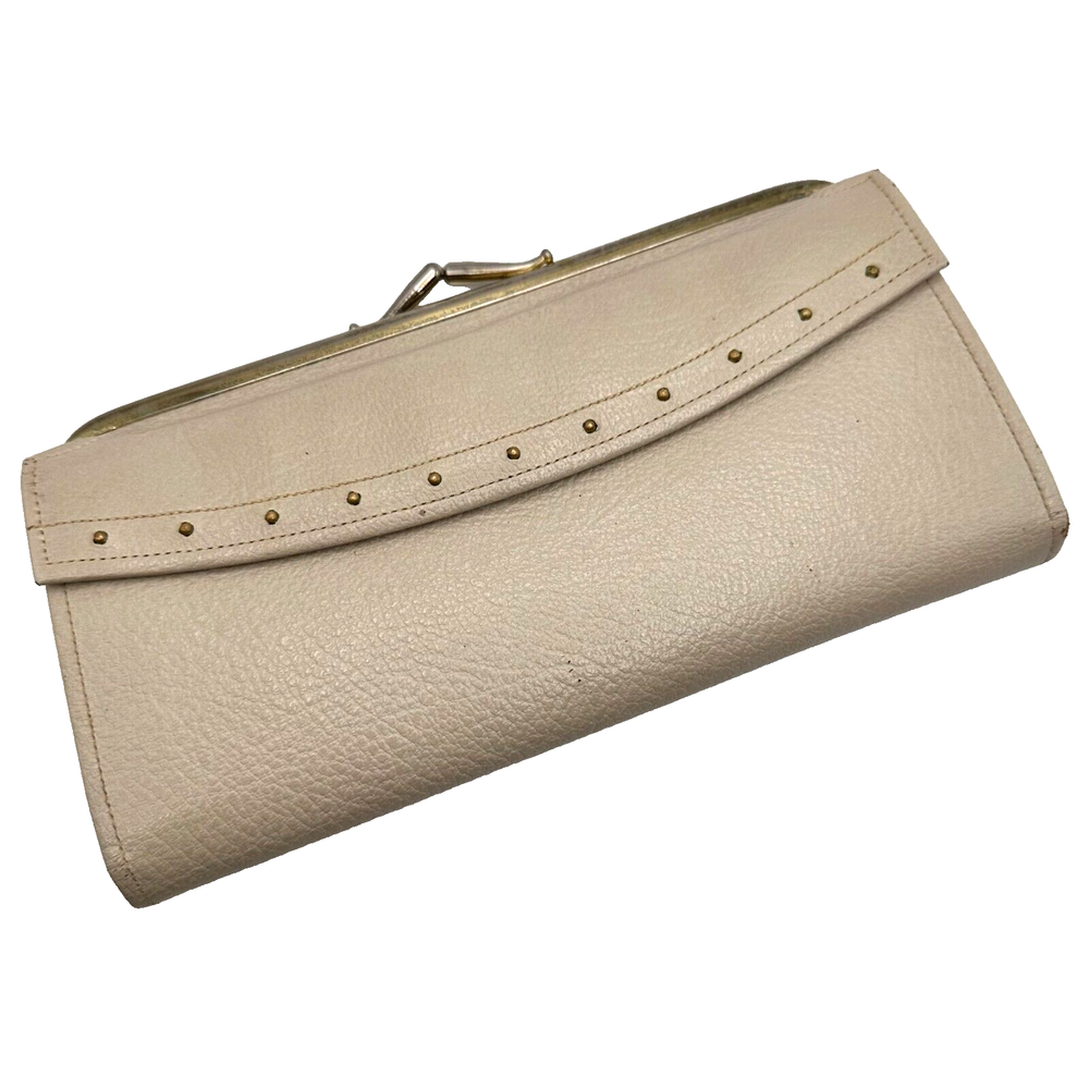 Vintage Ivory Leather Kisslock Wallet with Long Leather Strap Baronet Style  