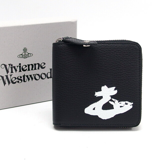 Vivienne Westwood Melih Round Square Wallet Black White Leather Compact