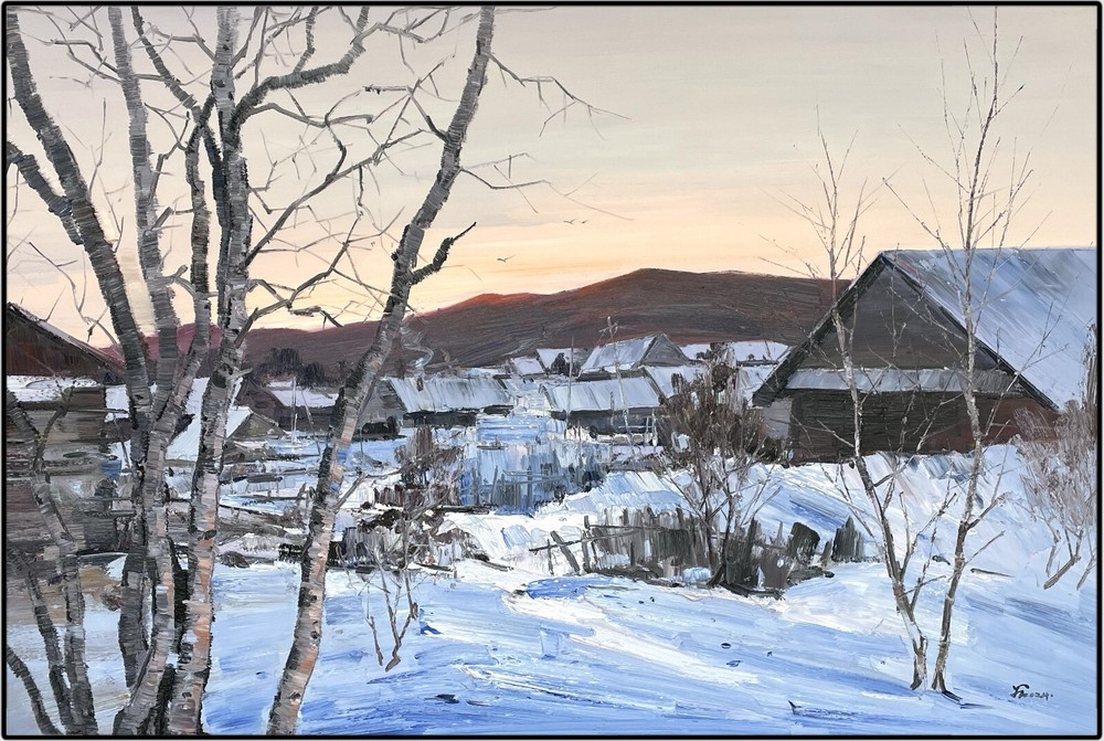 Original Tranquility of the Countryside in Winter Morning Light Oil Painting - H