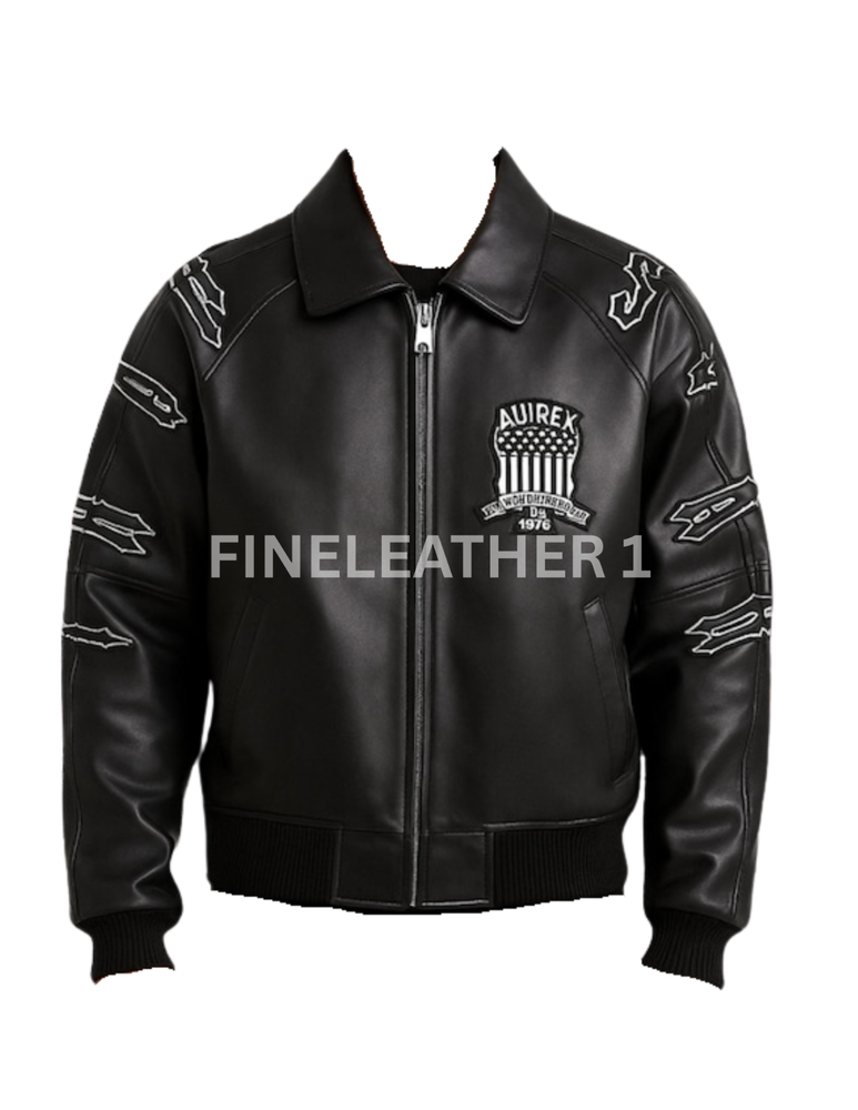 Men's Avirex & TrapStar Inpired Bomber Black Real Leather Jacket CHRISTMAS SALE-image