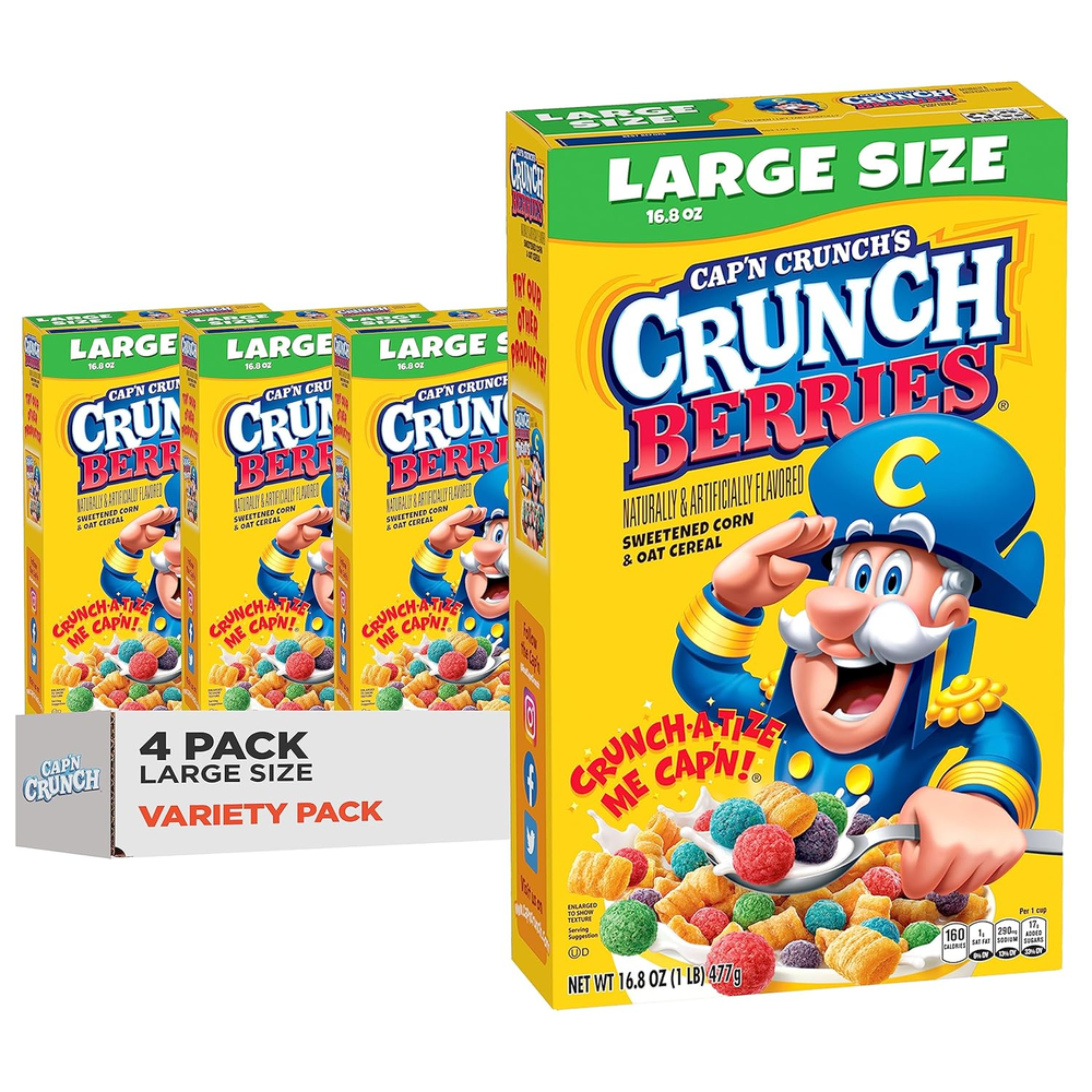 Cap'N Crunch Cereal, Crunch Berries, 16.8Oz Boxes (4 Pack)
