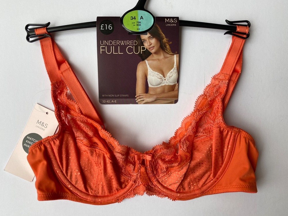 M&S Womens Orange Lace Underwired Full Cup Underwired Bra Lingerie BNWT - 34A