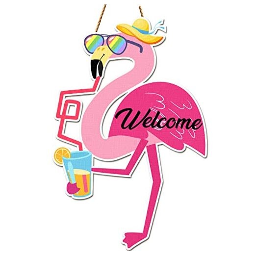 Flamingo Welcome Sign Wood Front Door Decor Summer Hanging Rustic Decor for