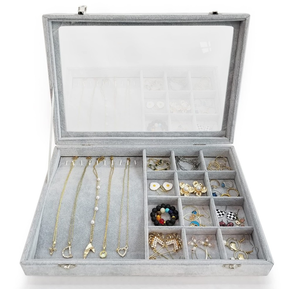 Ice Velvet Jewelry Box with Clear Glass Window and 10 Necklace Hooks