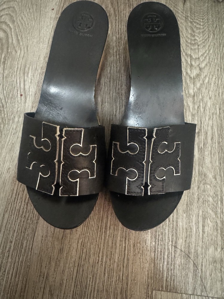 Tory Burch Ines 80MM Wedge Platform Slide Sandals Leather Sz 8.5 Black Goat