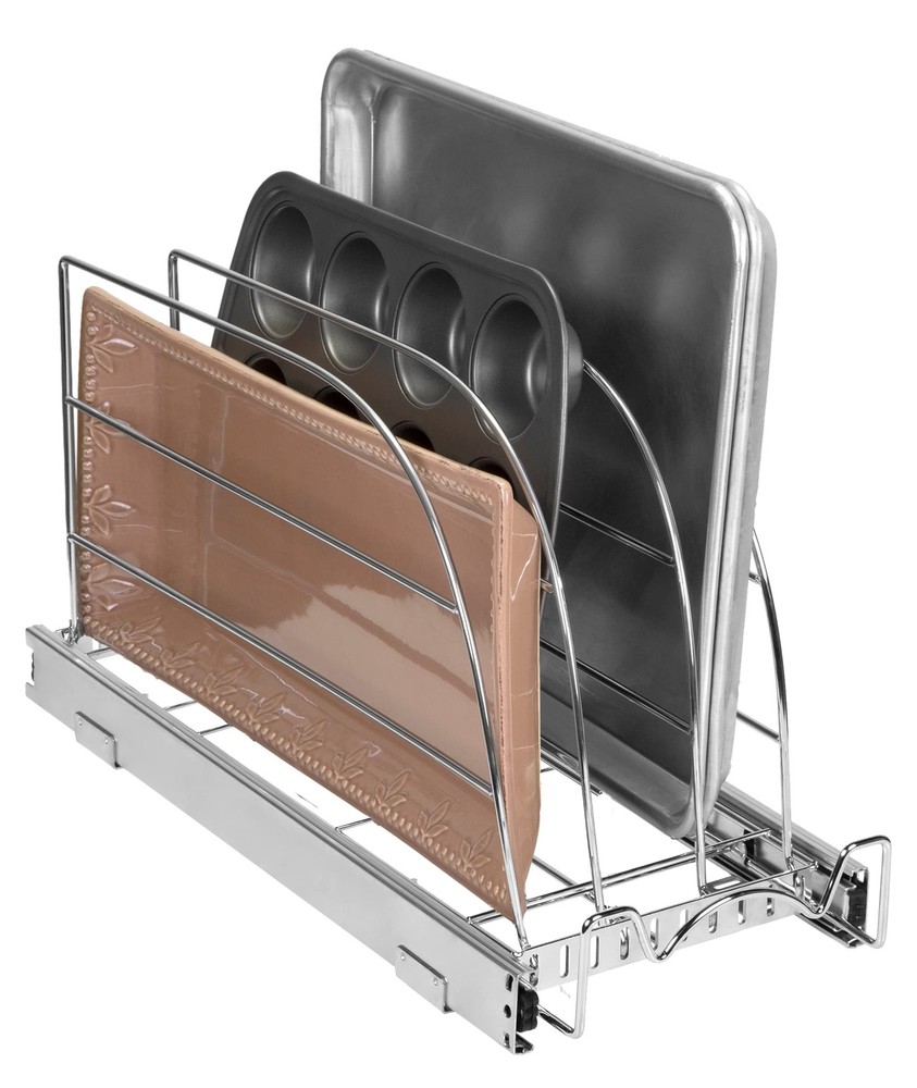 Pull Out Organizer for Cookie Sheets Cutting Boards Bakeware and Trays Sliding Storage  