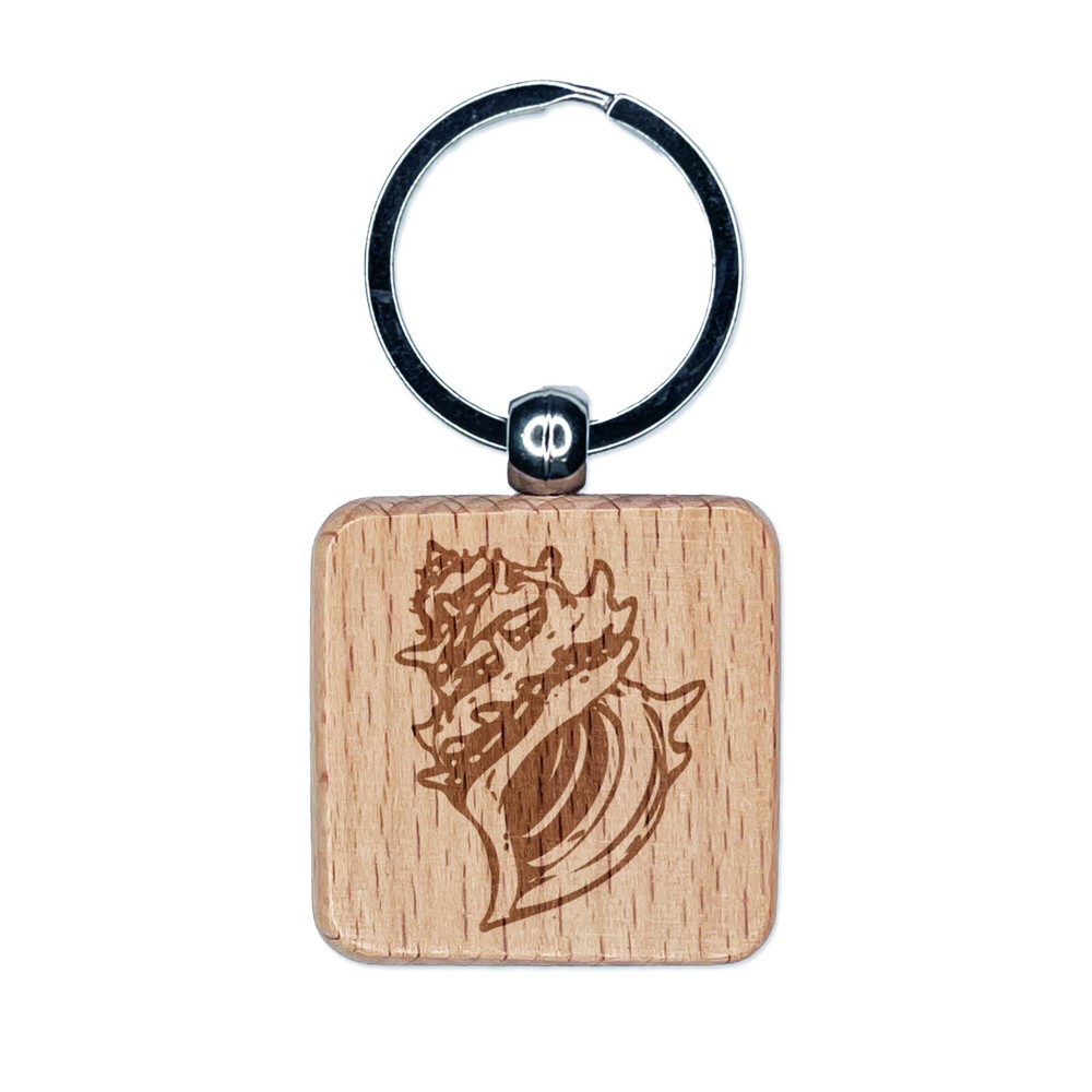 Engraved Tropical Conch Shell Wooden Square Keychain Charm
