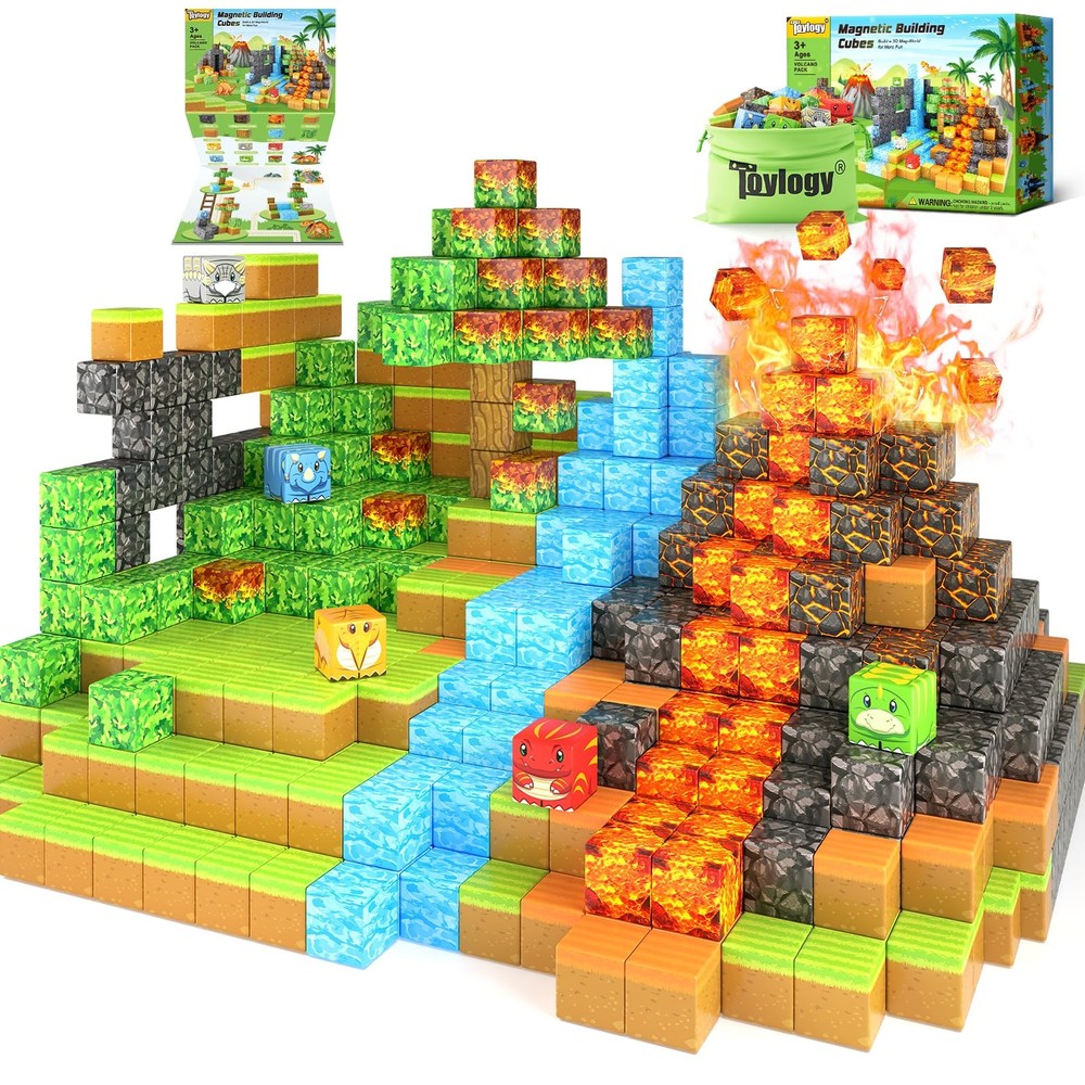 Dinosaur Magnetic Building Blocks for Kids STEM Volcano Adventure Playset