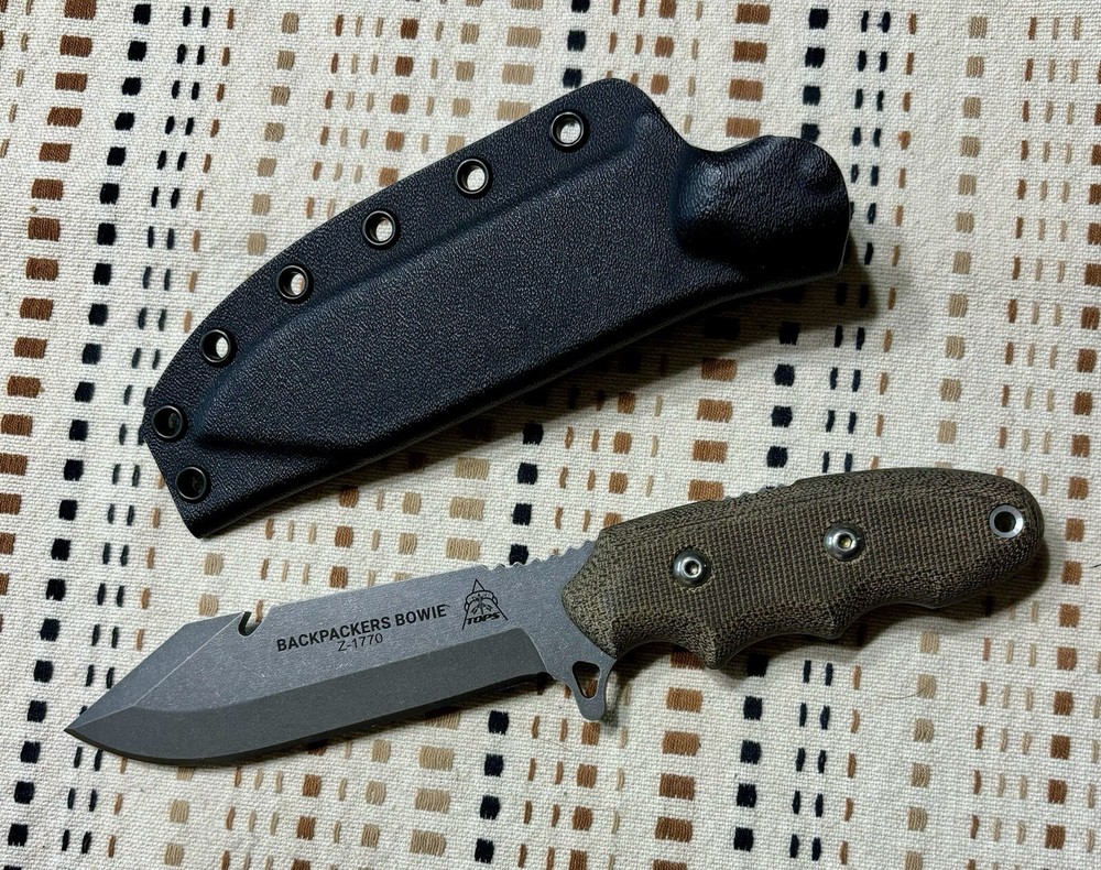 TOPS Backpackers Green Micarta 1095HC Steel Fixed Blade Bowie Knife BPB01