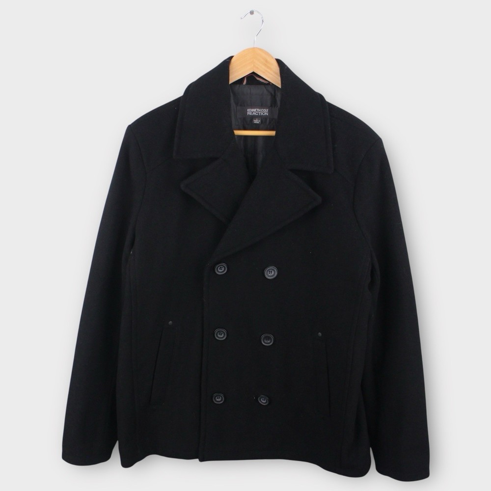 Kenneth Cole Reaction Mens Insulated Double Breasted Black Pea Coat Size Large
