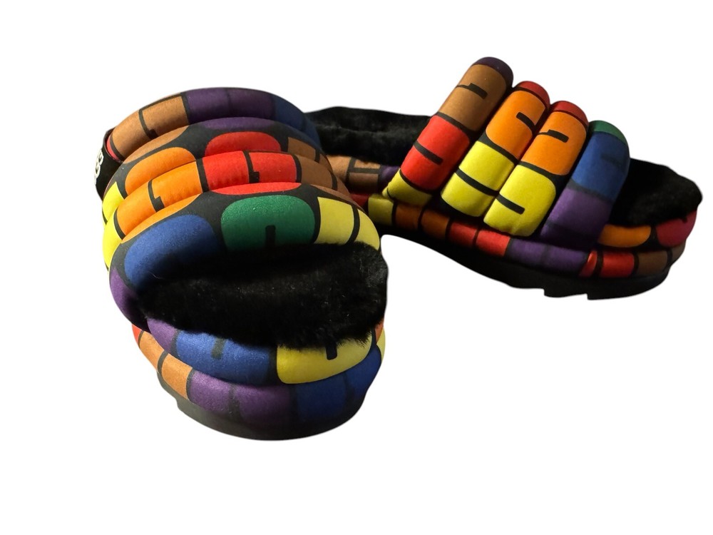 UGG Womens Maxi Pride Slide Puff Rainbow Platform Sandal Size 7