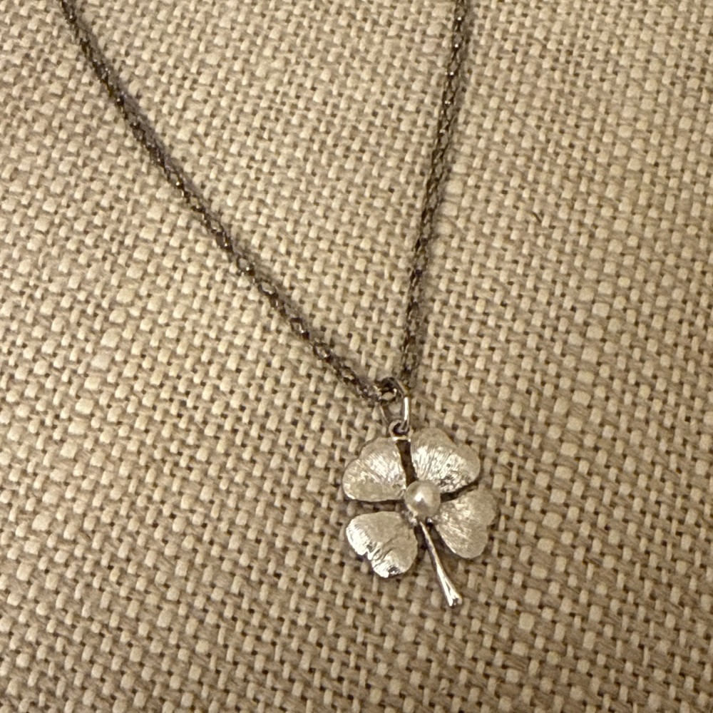 Vintage Silver Four Leaf Clover Pearl Chain Necklace with Textured Detail
