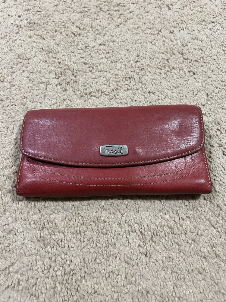 Fossil Red Leather Credit Card Bifold Long Wallet