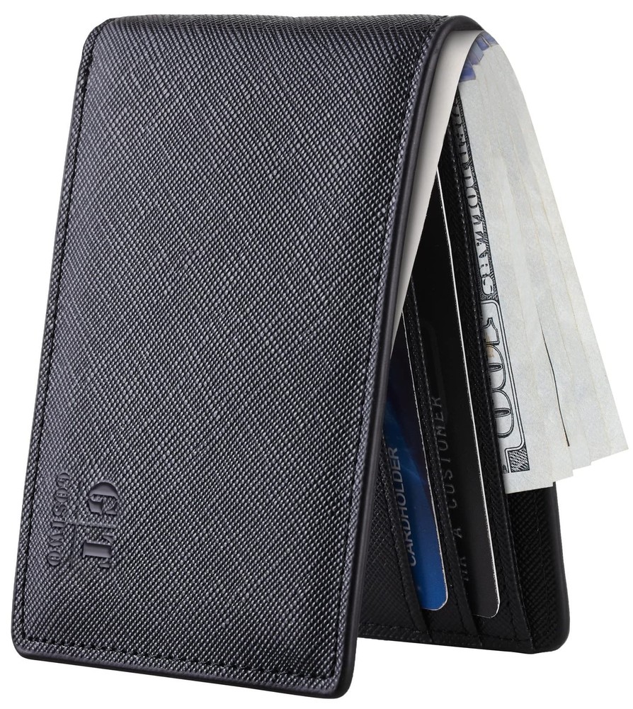 Slim Minimalist Leather Bifold Wallet for Men with ID Window Front Pocket Design