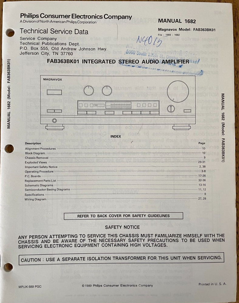 PHILIPS 1682 FAB363BK01 INTEGRATED STEREO AMPLIFIER ORIGINAL REPAIR MANUAL