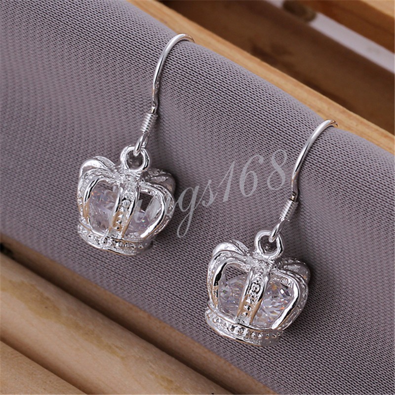 925 Sterling Silver Hypoallergenic Crystal Crown Dangle Earrings E104