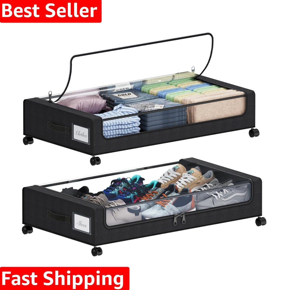 Under Bed Storage with Wheels, XXL 60L Under the Bed Storage Bins, Underbed S...
