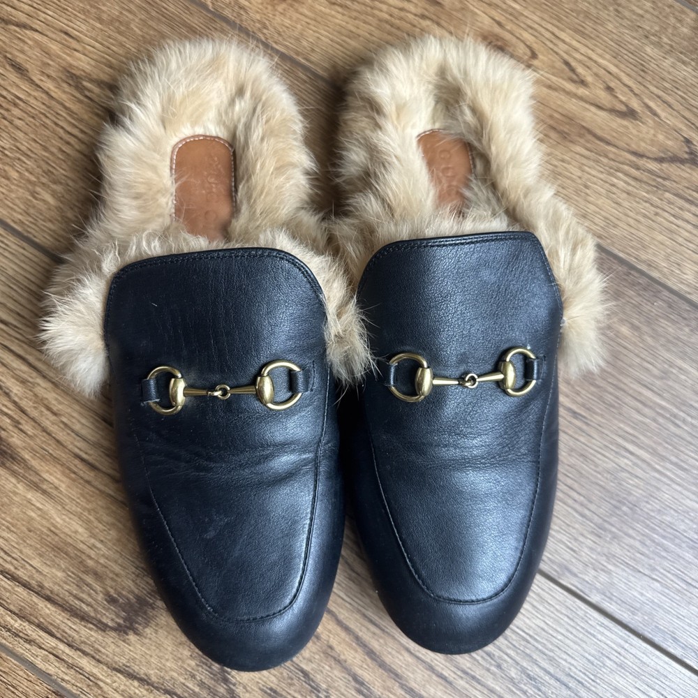 GUCCI Princetown Black Leather Horsebit Loafers Mules Size 39 8.5 US Fur Lined