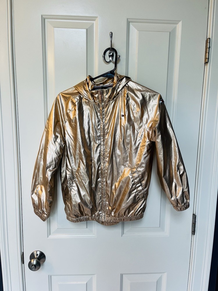 Tommy Hilfiger Gold Metallic Hooded Rain Jacket for Girls Size 8-10