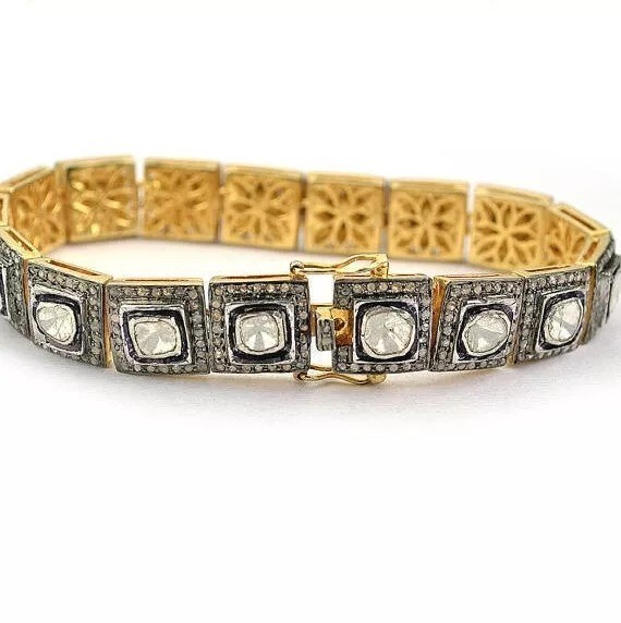 Natural Rosecut Diamond Polki 925 Sterling Silver Wedding Bracelet Jewelry