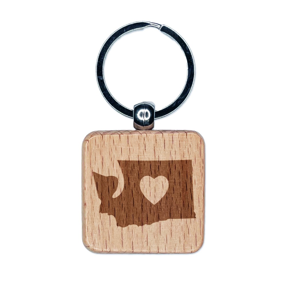 Washington State with Heart Engraved Wood Square Keychain Tag Charm