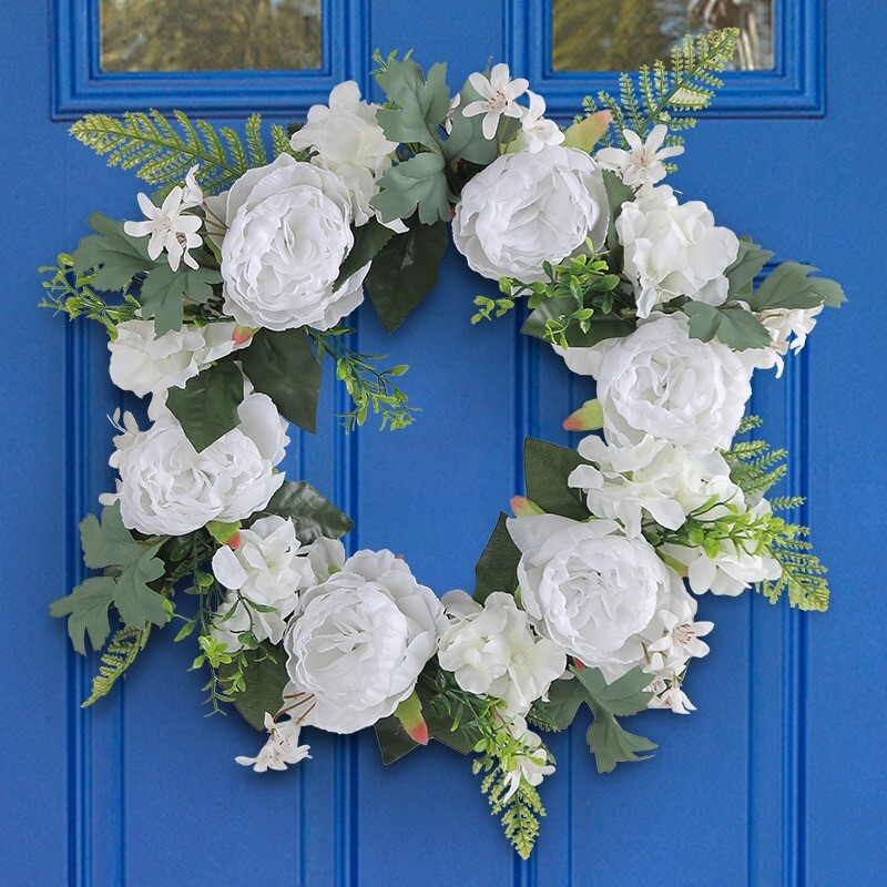 Artificial Spring Wreath with Flowers for Front Door or Porch Decor