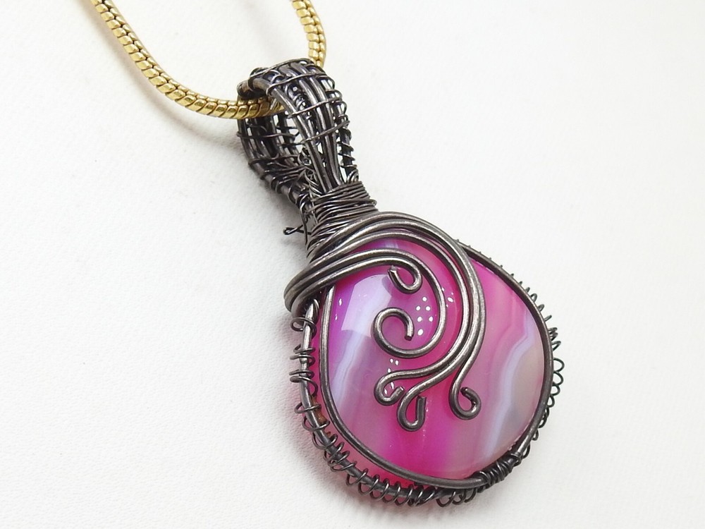 Pink Strip Agate Brass Pendant Silver Oxidised Polished Wire Wrapped Jewelry
